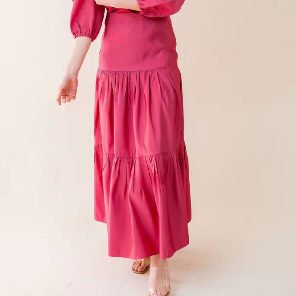 FLAW LaRoque Sunday Skirt Maxi Tiered Faille Fabric Size XS Magenta Berry Pink